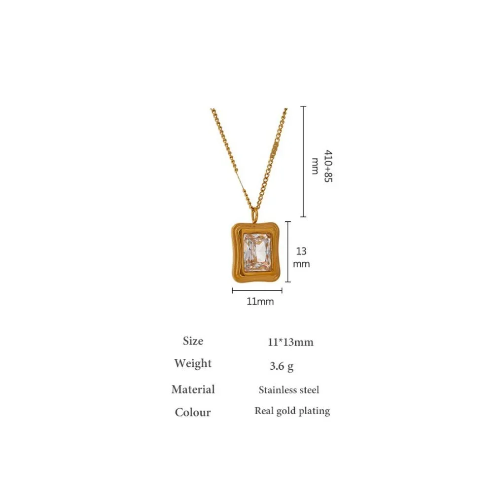 ^NEW 18K Gold Plated Emerald Cut Diamond Square Pendant Necklace